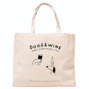 Beige tote bag with 'DOGS & WINE MAKE EVERYTHING FINE' text and graphics on a white background